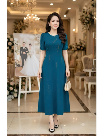 Đầm thun cotton kết cườm màu xanh dương  - F312