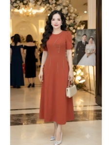 Đầm thun cotton kết cườm màu cam  - F313