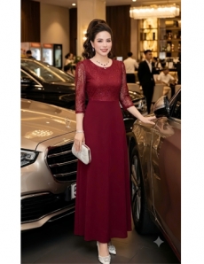 Đầm voan phối ren cổ tròn hạt kim sa màu đỏ - F315