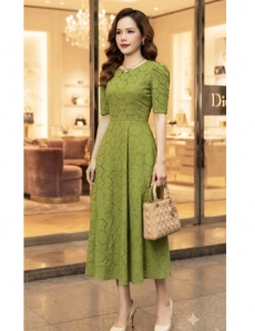 Đầm boy thêu cao cấp cổ tròn màu xanh bơ - F317