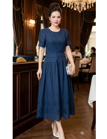 Đầm xô thêu viền eo màu xanh đen - F318