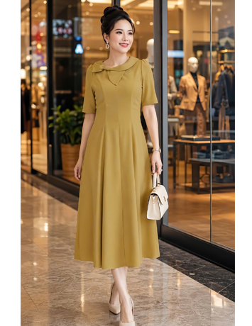 Đầm cổ nơ màu vàng dưa cải dáng xòe - F319