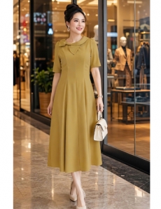 Đầm cổ nơ màu vàng dưa cải dáng xòe - F319