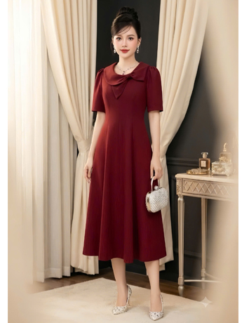 Đầm cổ nơ màu đỏ dáng xòe - F320