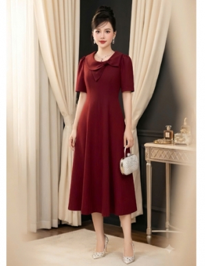 Đầm cổ nơ màu đỏ dáng xòe - F320