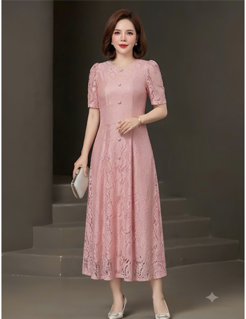 Đầm Ren 8 mảnh cổ tròn màu hồng  - F321