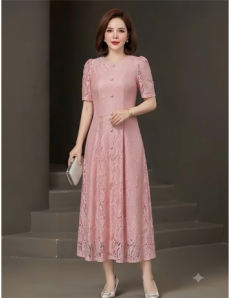 Đầm Ren 8 mảnh cổ tròn màu hồng  - F321