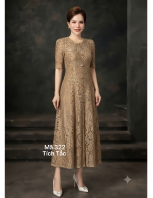 Đầm Ren 8 mảnh cổ tròn màu nâu  - F322