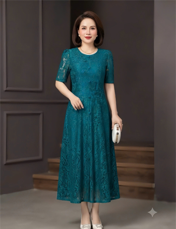 Đầm Ren 8 mảnh cổ tròn màu xanh cổ vịt  - F323