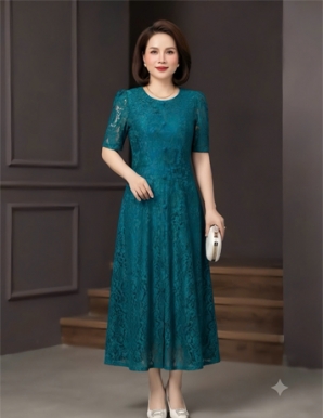 Đầm Ren 8 mảnh cổ tròn màu xanh cổ vịt  - F323
