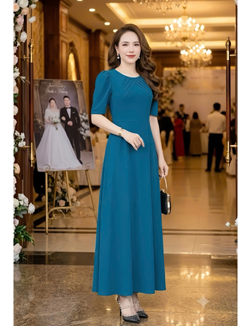  Đầm maxi voan cổ tròn xếp ly màu xanh   - F326