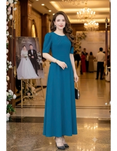  Đầm maxi voan cổ tròn xếp ly màu xanh   - F326