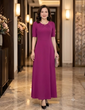 Đầm maxi voan cổ tròn xếp ly màu hồng  - F327