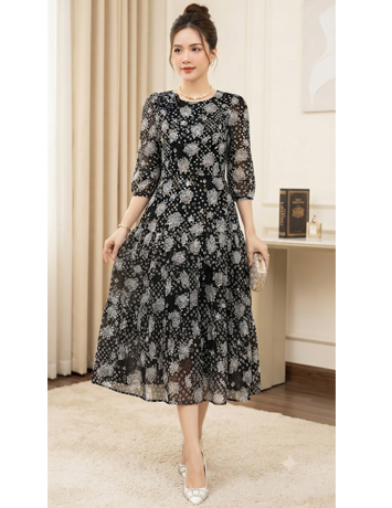 Đầm voan cổ tròn tầng xòe bông trắng nền đen  - F333