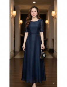 Đầm maxi tầm ướt có bông ở eo màu xanh đen - F338