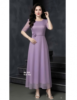 Đầm maxi tầm ướt có bông ở eo màu tím - F339