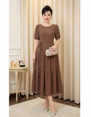 Đầm tầng dài kèm dây eo màu nâu - F344