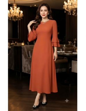  Đầm voan cổ tròn tay lỡ màu cam   - F349