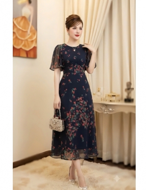 Đầm xòe tay cánh tiên họa tiết hoa nền màu xanh đen  - F354
