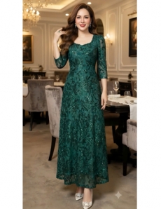 Đầm ren maxi màu xanh có kim sa - F364