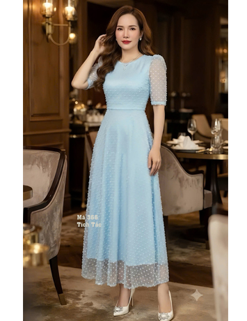 Đầm maxi Voan lông vũ màu xanh biển - F366