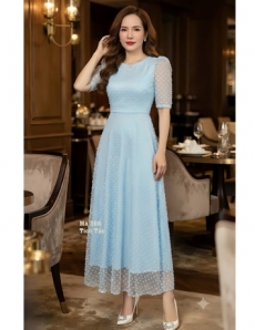 Đầm maxi Voan lông vũ màu xanh biển - F366
