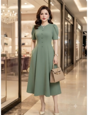Đầm 8 mảnh cồ tròn 10 nút màu xanh đậu - F367