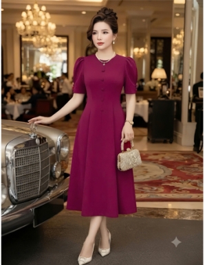 Đầm 8 mảnh cồ tròn 10 nút màu hồng sen - F368