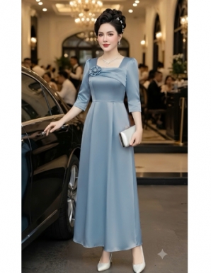 Đầm Lụa maxi cổ vuông màu xanh xám - F373