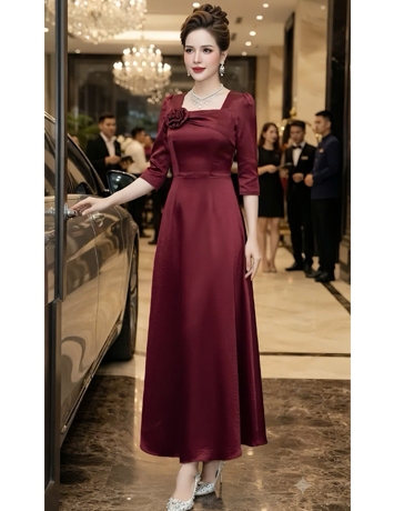 Đầm Lụa maxi cổ vuông màu đỏ - F374