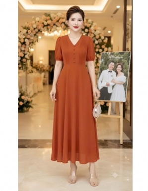 Đầm voan xếp ly ngực màu cam  - F376