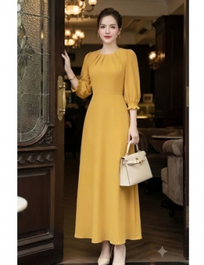 Đầm xòe voan xếp ly cổ tay lỡ màu vàng   - F382