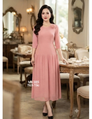 Đầm cổ tròn tầng màu hồng chấm bi  - F385