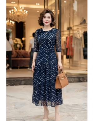 Đầm cổ tròn tầng màu xanh đen chấm bi  - F386