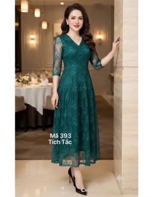 Đầm ren cổ tim tầng tay lỡ màu xanh   - F393