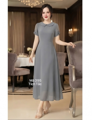 Đầm xòe voan cổ sen màu xám- F395