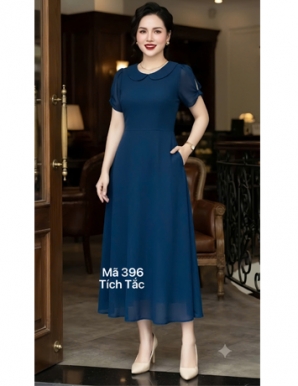Đầm xòe voan cổ sen màu xanh đen- F396