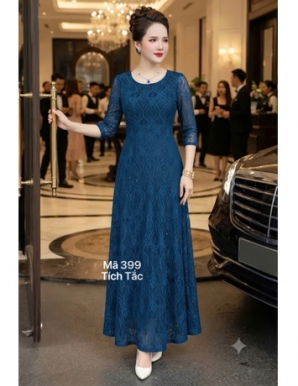 Đầm ren maxi màu xanh có kim sa - F399