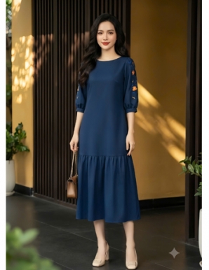 Đầm suông thêu hoa chân bèo đuôi cá màu xanh đen - F404