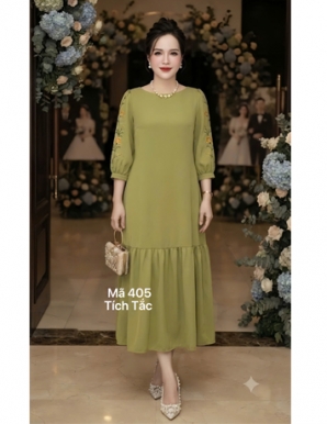 Đầm suông thêu hoa chân bèo đuôi cá màu xanh bơ - F405