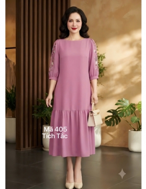 Đầm suông thêu hoa chân bèo đuôi cá màu hồng tím - F406