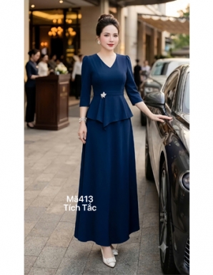 Đầm Maxi dạ hội cổ tim peplum màu xanh đen- F413