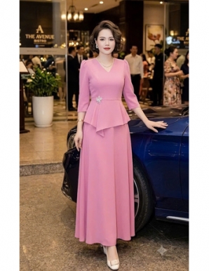 Đầm Maxi dạ hội cổ tim peplum màu hồng tím- F414