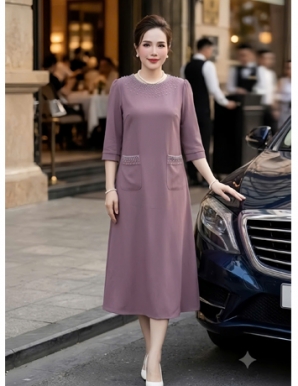 Đầm suông A kết cườm màu hồng ruốc - F428