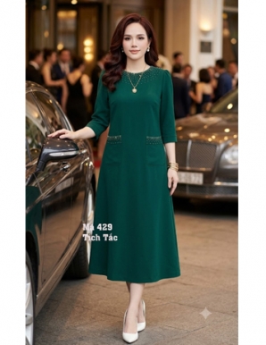 Đầm suông A kết cườm màu xanh  - F429