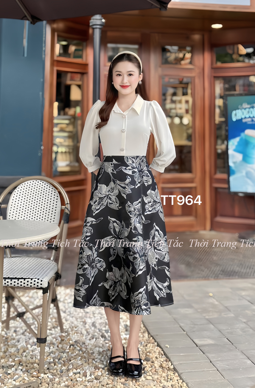 Dam xoe chan vay gam phoi ao trang d964 2