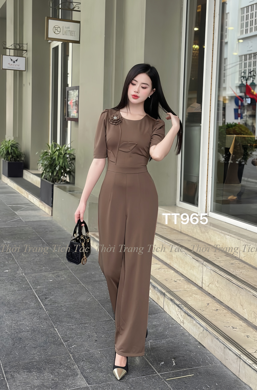 Jumpsuit dinh hoa thu cong co tron mau nau d965 5