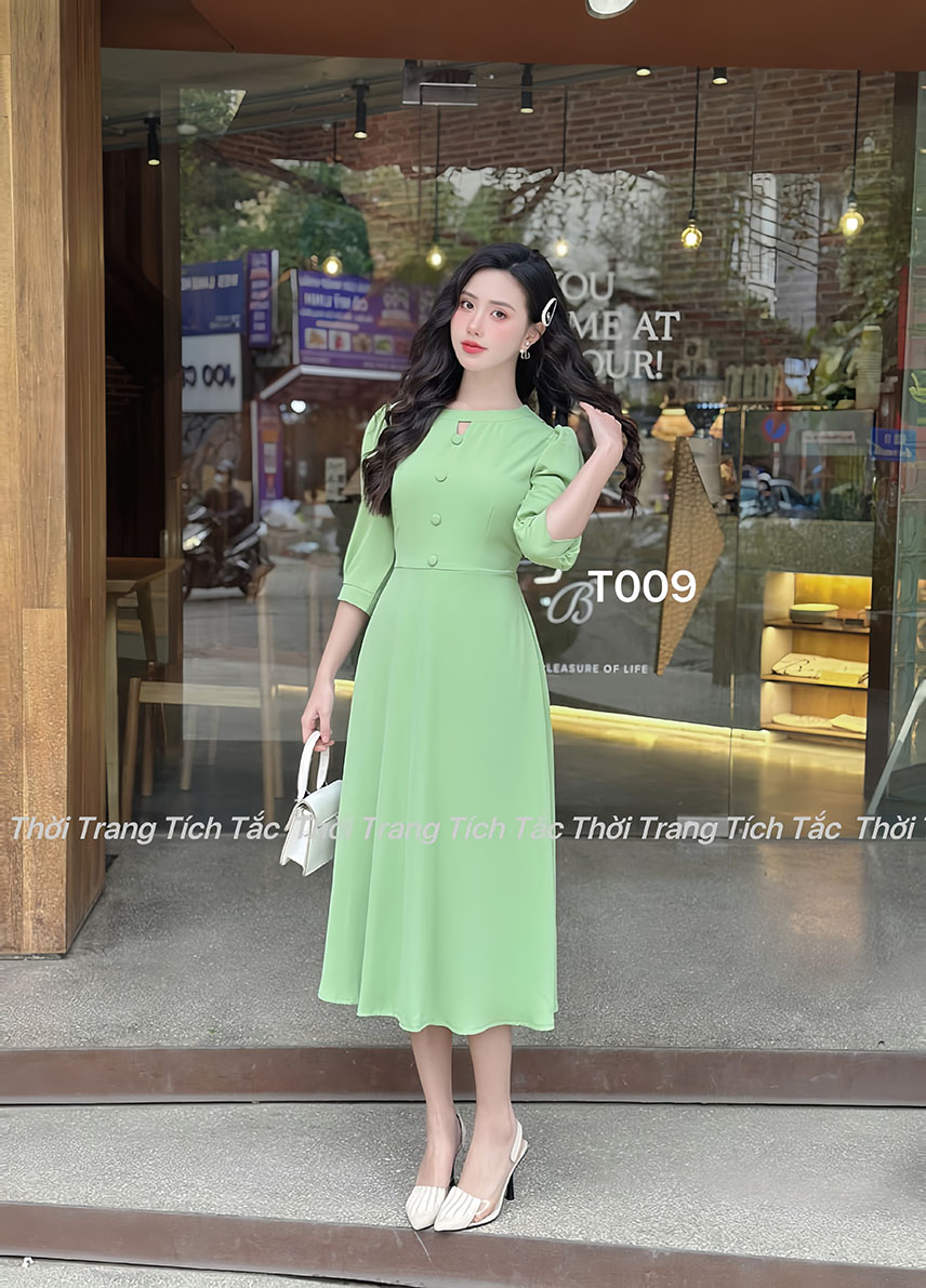Dam xoe lua co tron dinh nut tay lo mau xanh e009 6