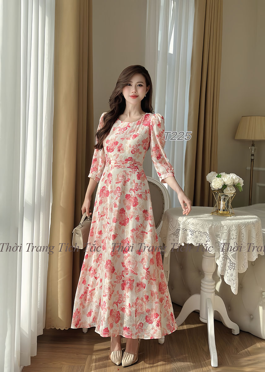Dam maxi tay lo eo xep dinh ngoc nen kem hoa hong e225 12