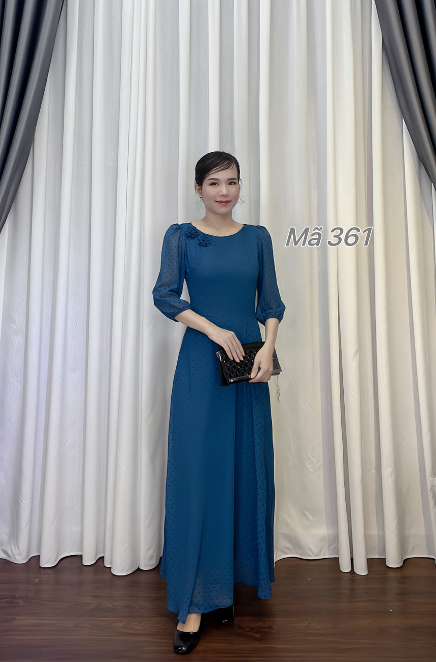Dam maxi cham bi co dinh hoa mau xanh e361 4